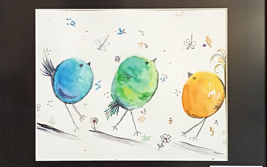 Warehouse Watercolorists - Martha Geiseman. Cartoonish birds with stick legs and spherical bodies; bright pastel colors.