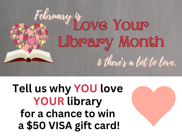 A creative depiction of Love Your Library Month, showcasing books surrounded by heart motifs and cheerful colors.