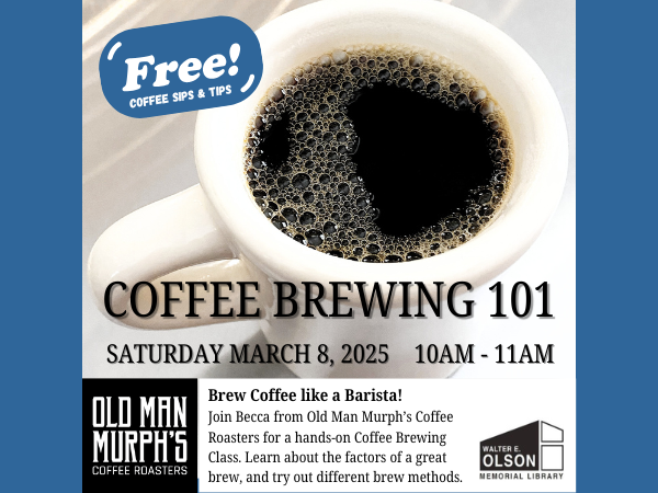 Close-up photograph of hot black coffee in a white mug advertising a coffee brewing class.