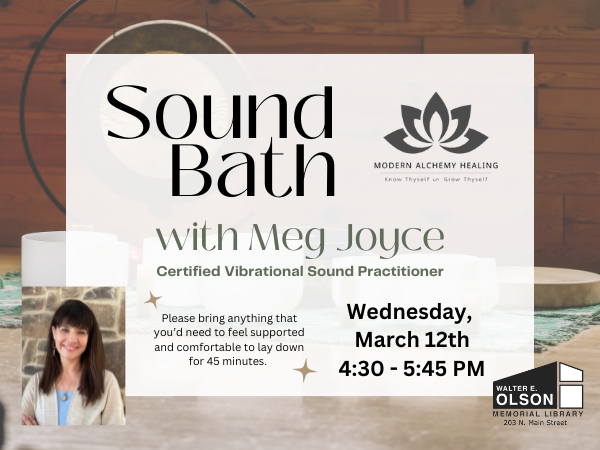 Sound bath with Meg Joyce event image. Calming background with muted colors, gong and singing bowls.