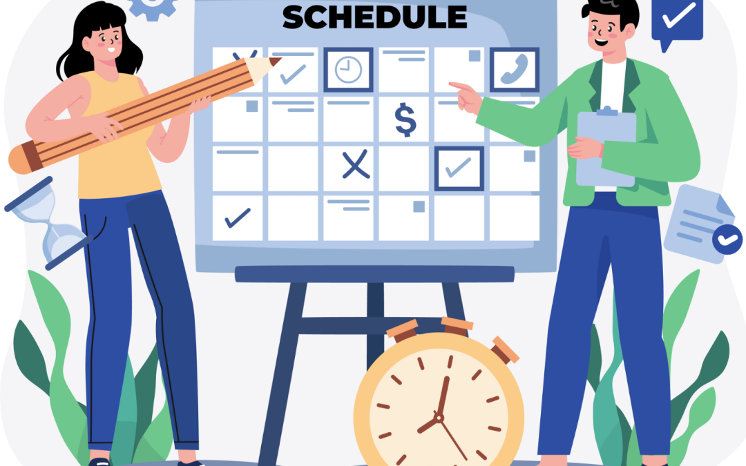 Illustration of two people making changes to a large calendar.