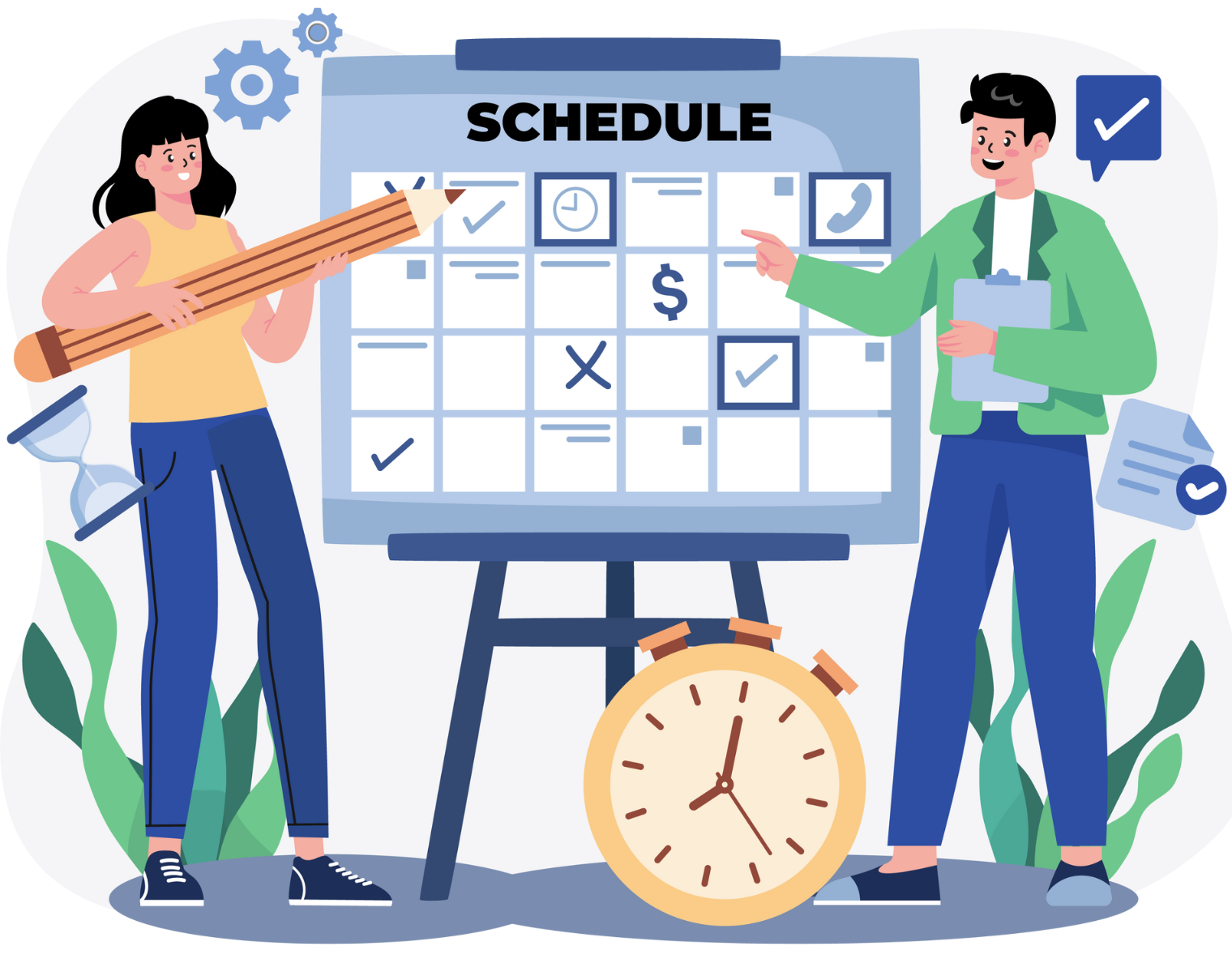 Illustration of two people making changes to a large calendar.