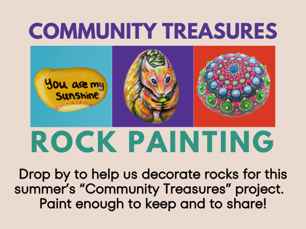 Rock Painting Event. Brightly colored squares showing illustrations of hand-painted, festive rocks.