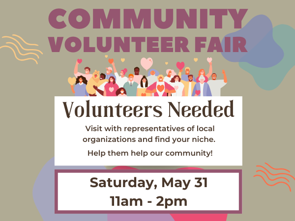 Community Volunteer Fair. Brightly-colored illustration of diverse group of happy people. Colorful background with various shapes.