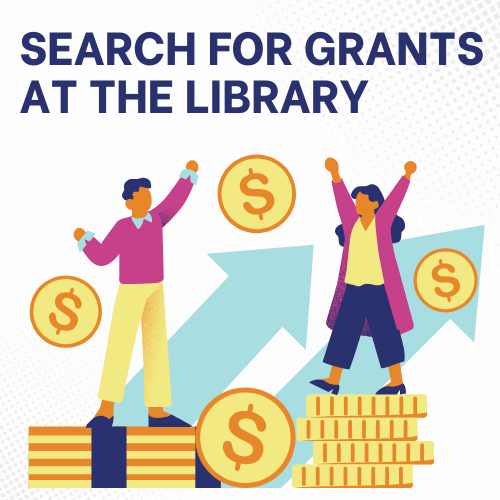 Search for grants at the library. Playful cartoon people celebrating on piles of gold coins. 