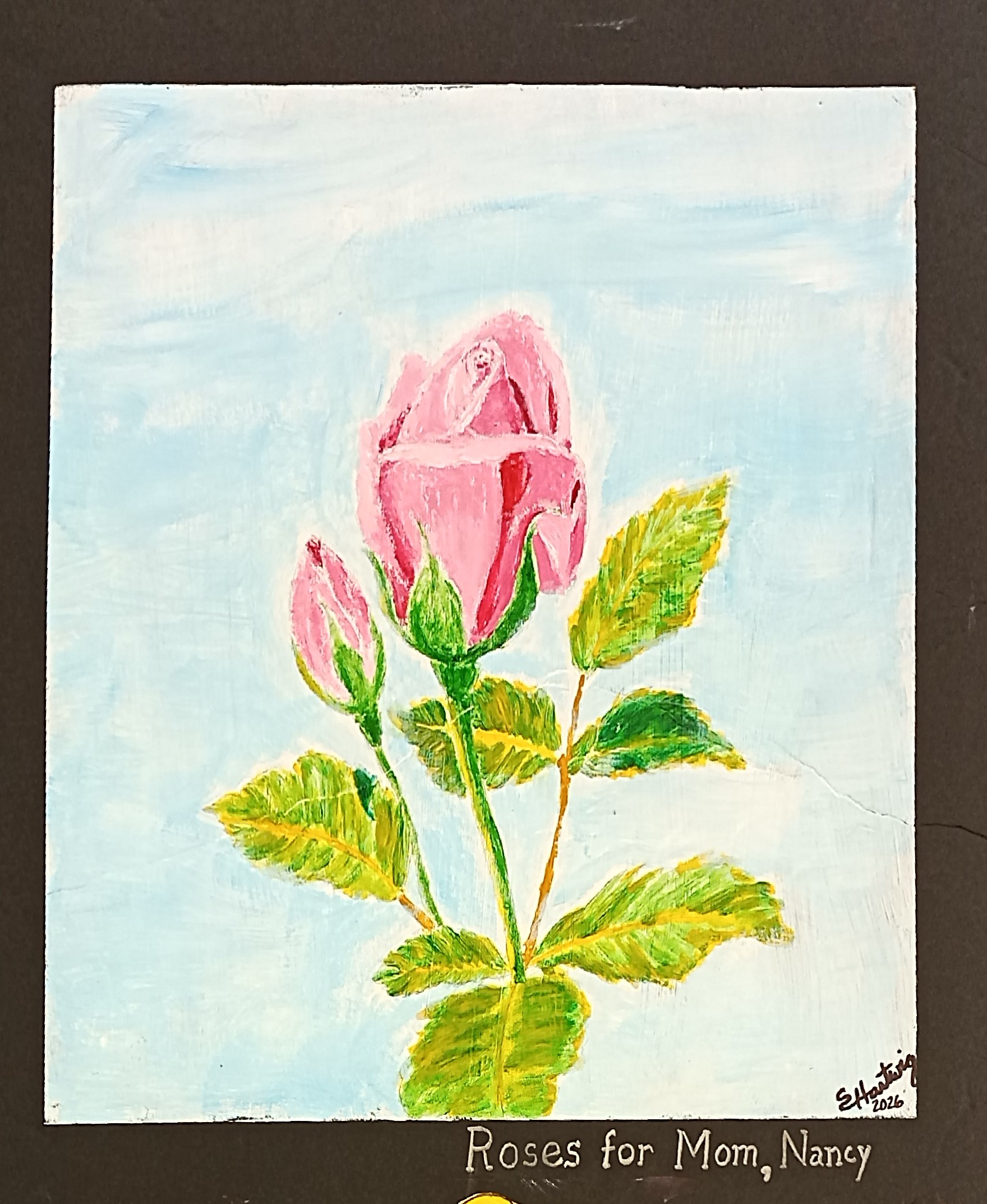 Hartwig artist painting, entitled "Roses for Mom, Nancy." Two pink uncut roses.