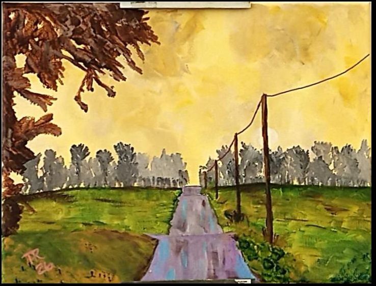 Reeder artist painting of a long, empty, hilly country road ending in a pale yellow horizon.